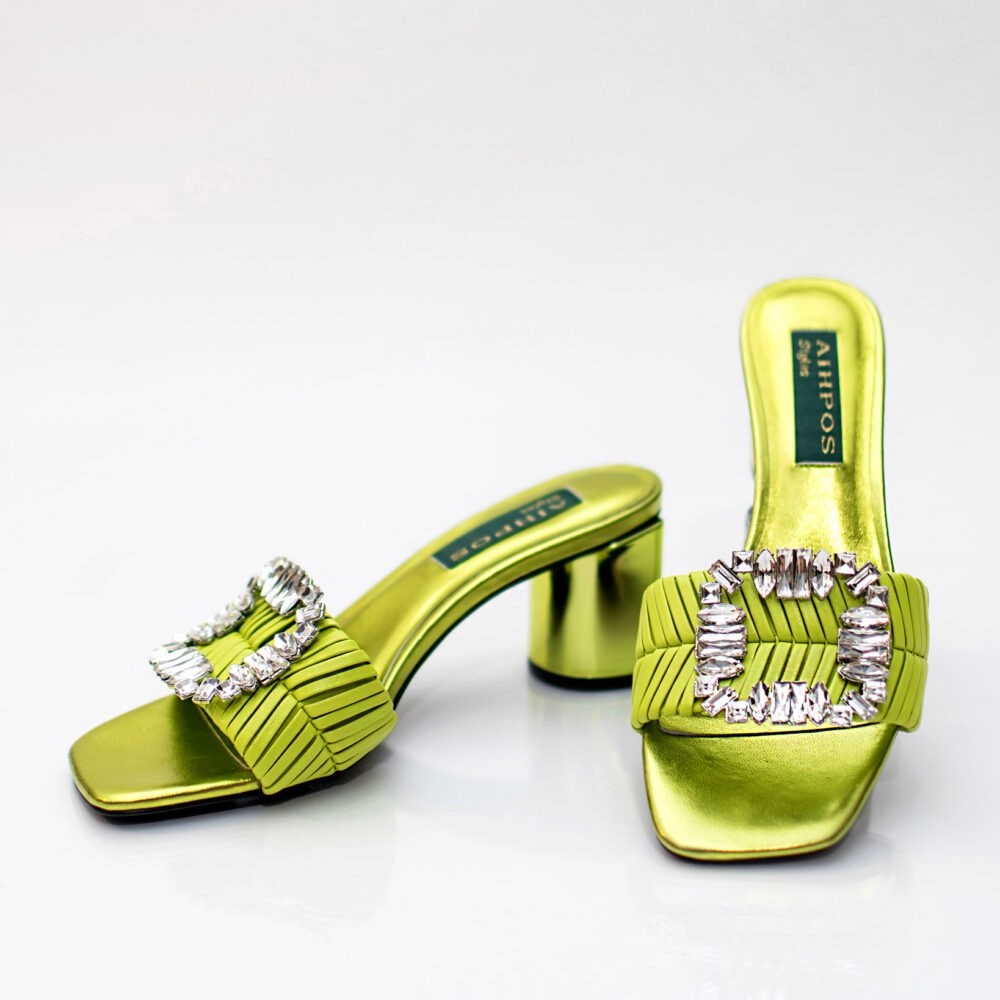 Aihpostyles Women Green Rhinestone Block Heel Mules, Slip-On, Square Toe