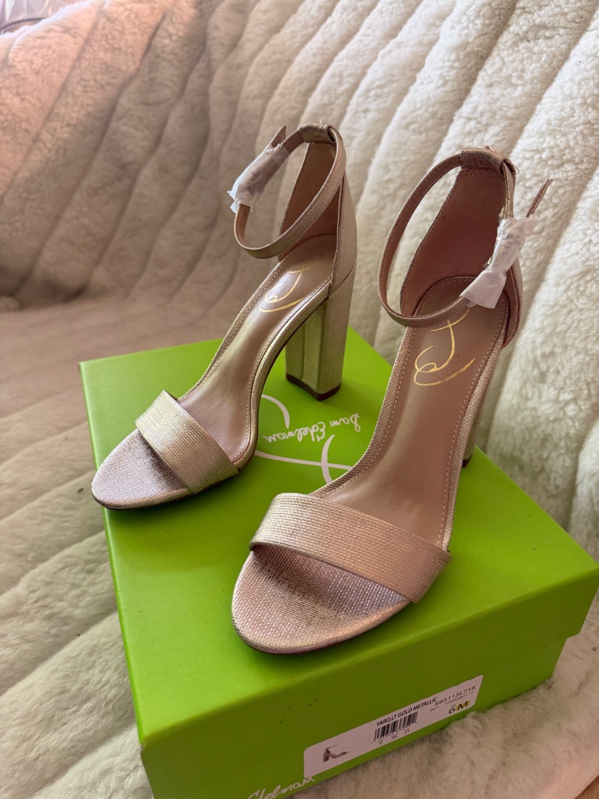SAM EDELMAN SIZE 6 Gold Metallic Open Toe Block Covered Heel Ankle Strap NWB