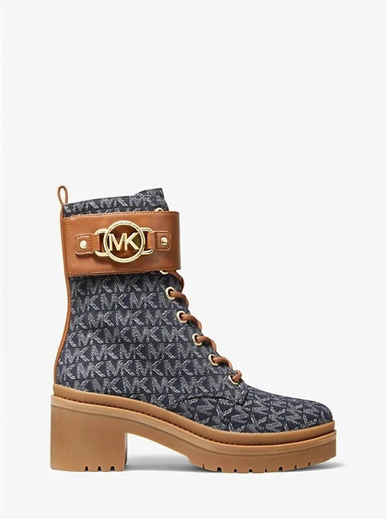 MICHAEL KORS RORY ICONIC GOLD LOGO MK PRINT COMBAT BIKER BOOTS 7 9 LOVE SHOES