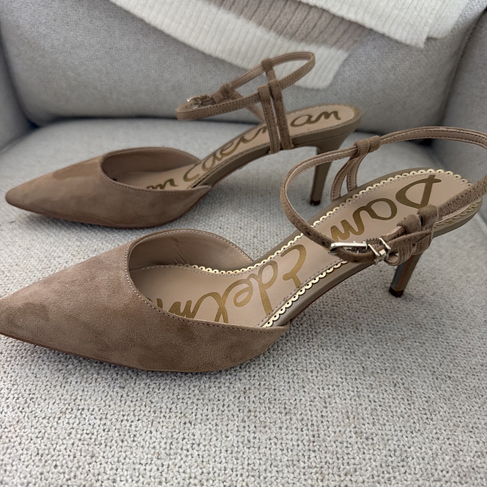 Sam Edelman Tan Suede Slingback Pointed Toe Stiletto Heels Buckle