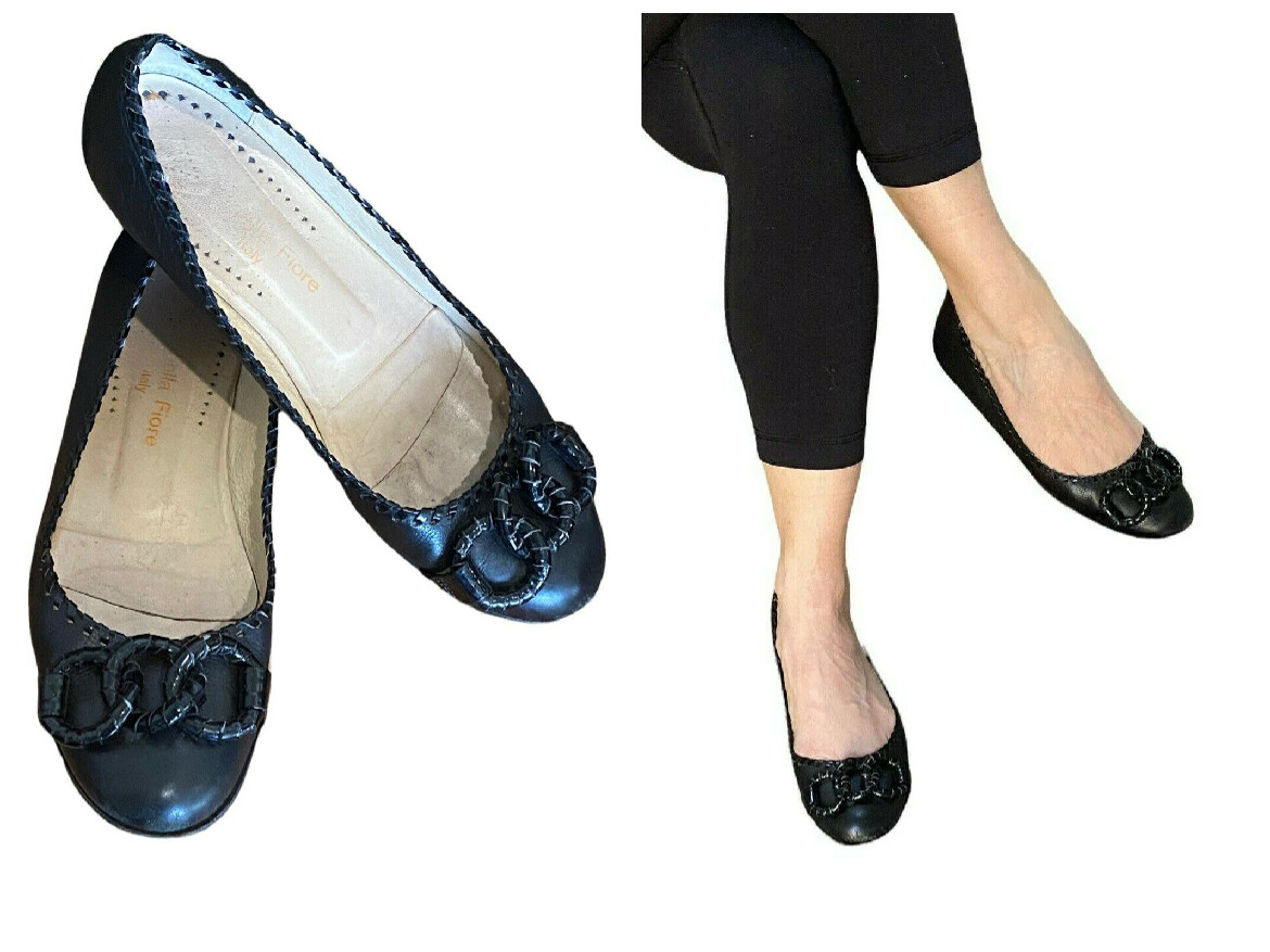 ISABELLA FIORE MADE IN ITALY BLACK LEATHER WHIPSTITCH BALLET FLATS SHOES 8.5