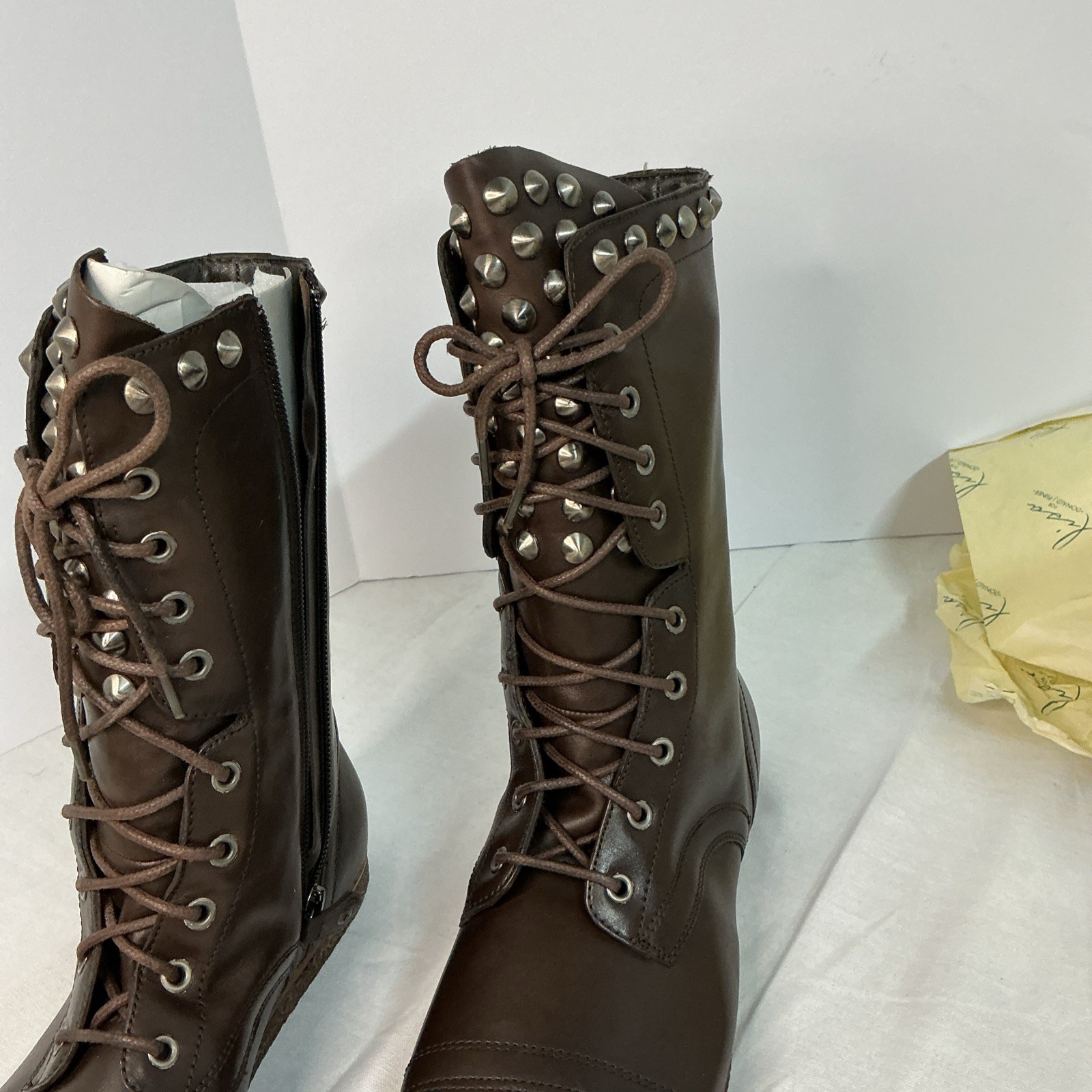 Lisa For Donald J Pline 8.5M Expresso Calf Leather Studded Open Toe Boots NIB