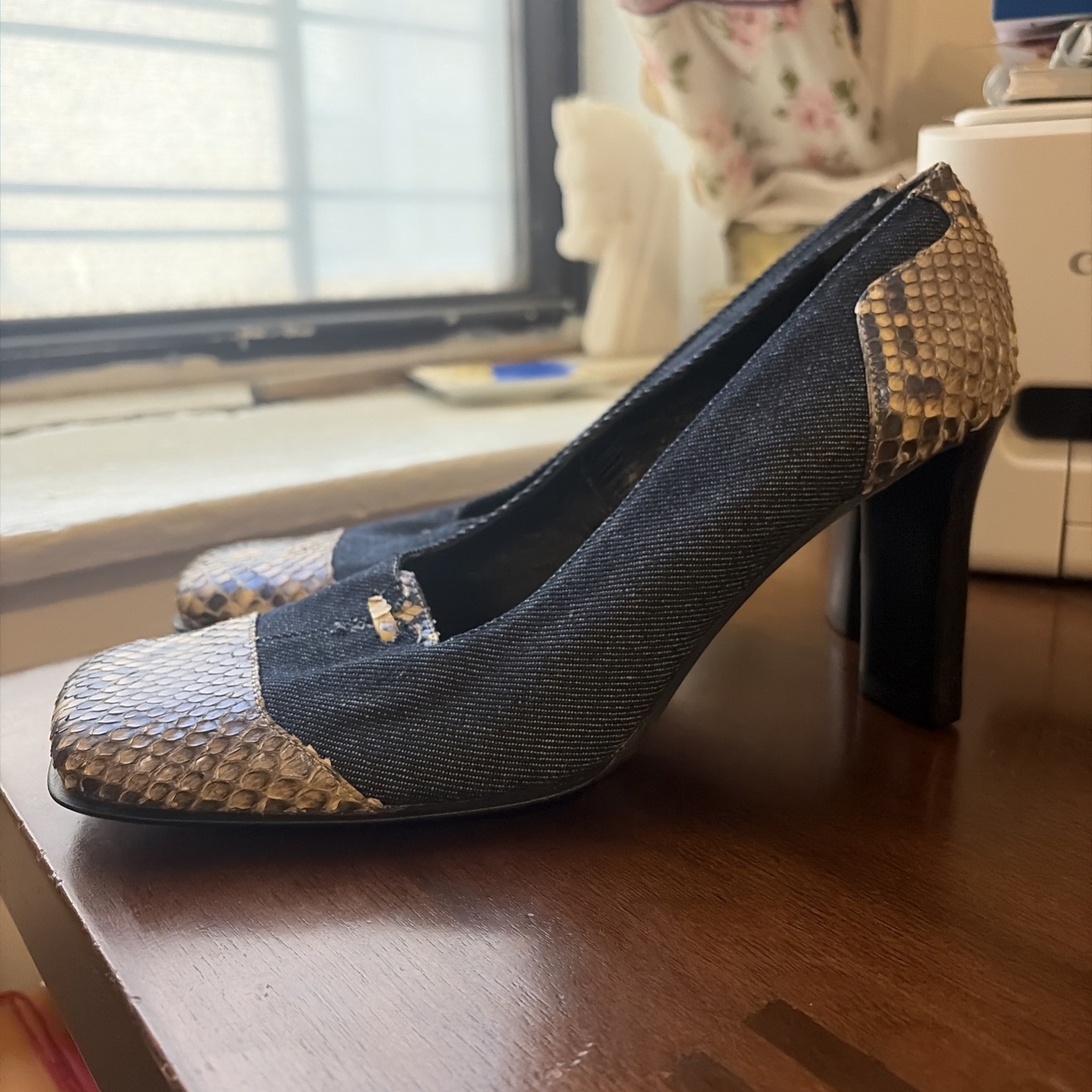 Y2K Roberto Rinaldi Square Toe Pumps SZ.38 Python Snakeskin & Denim Never Worn
