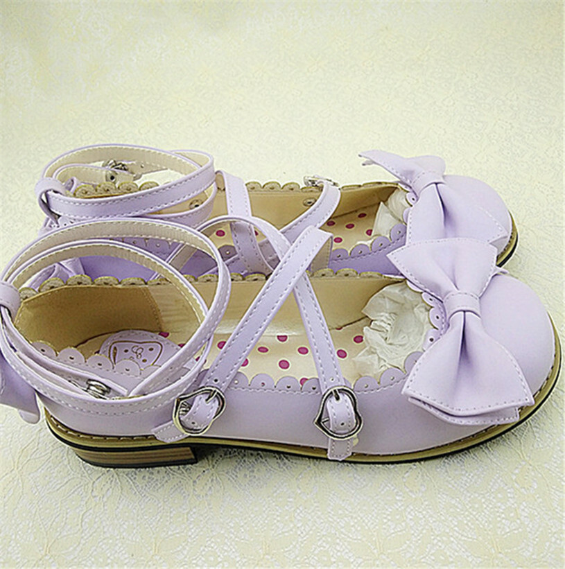 Women Lolita Low-heeled Mary Jane High Heel Cross Straps Bow Knot Princess Shoes