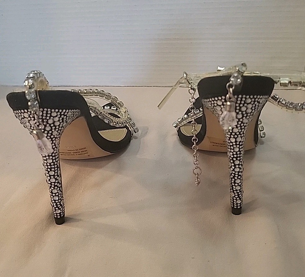 EGO BLACK STILLETO HEEL US 6 UK4 WOMEN SEQUINED HEEL JEWELED ANKLE STRAP