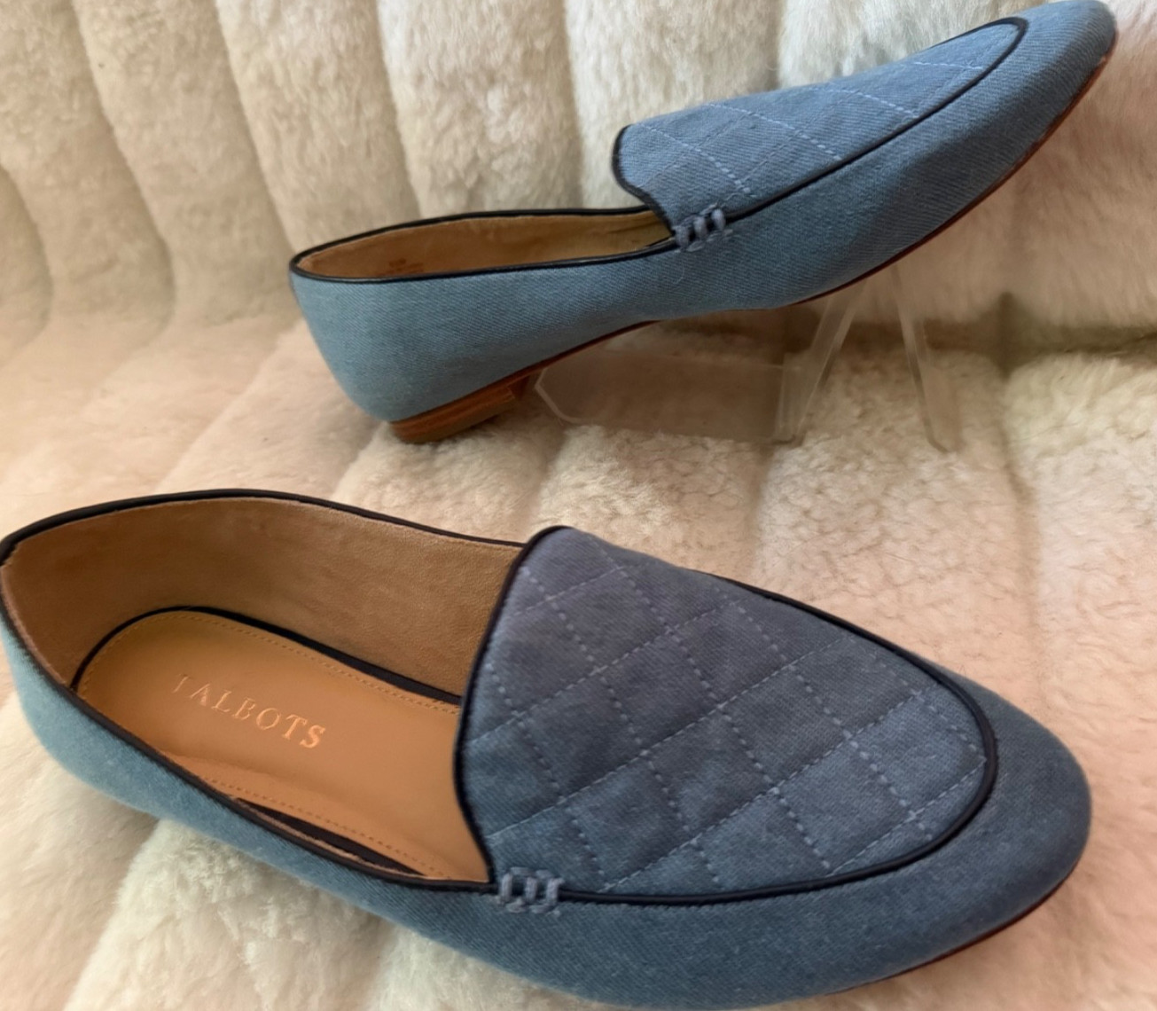 TALBOTS SIZE 9.5 Blue Denim Leather Lined Quilted Dark Trim Loafer Woman Sip On