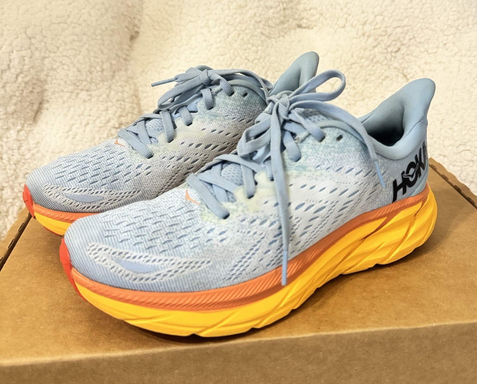 HOKA Clifton 8 Women’s Running Shoes L. Blue Orange Yellow Sneakers Size 7B US