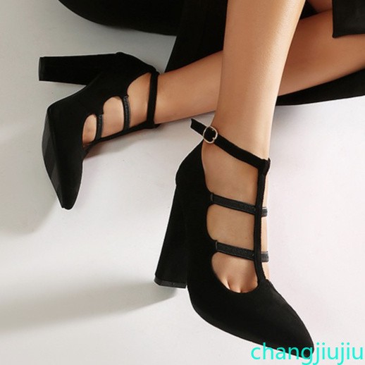 Leopard Print Solid T-Strap Pumps Women Pointed Toe Block Heel Club Formal Shoes