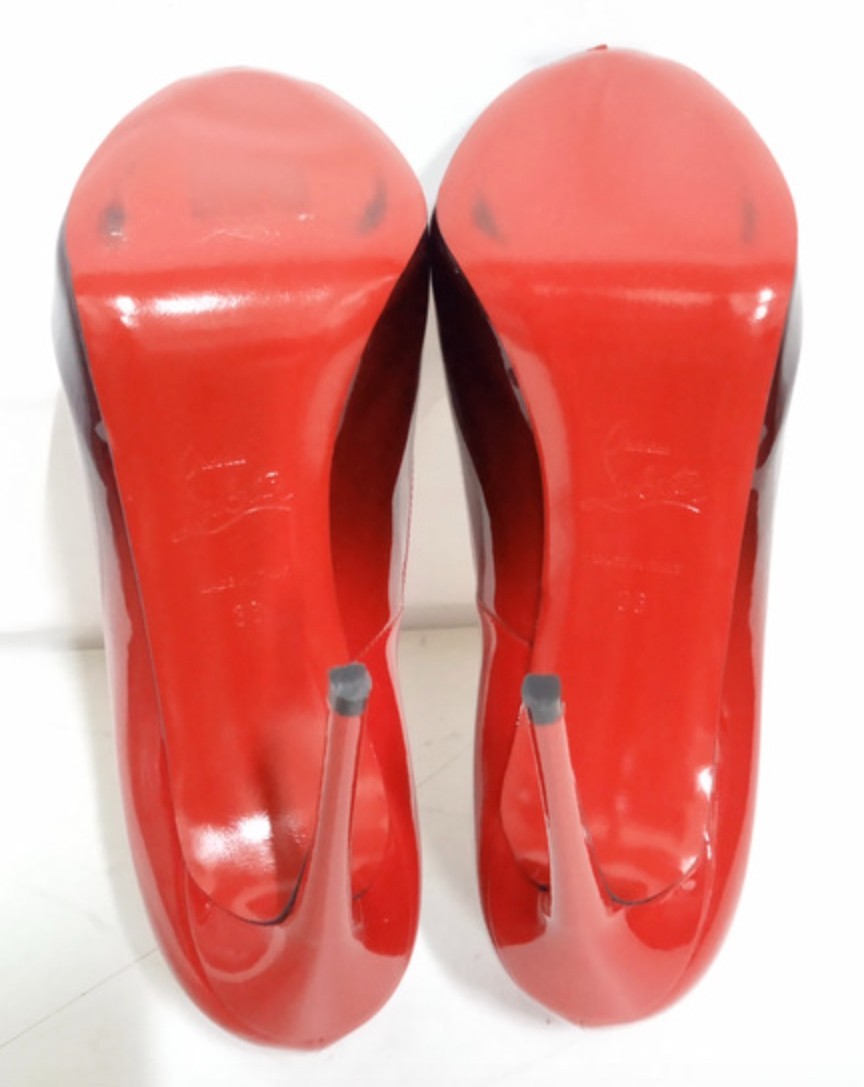 Christian Louboutin Red Black Open Toe Patent Leather Pumps Size 36 With Box