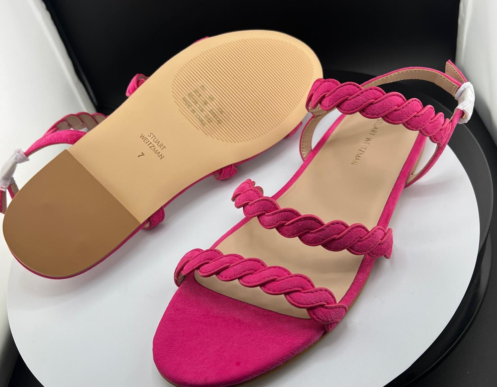Size 8-Stuart Weitzman Twistie Pink Suede Ankle Strap Flat Sandal Women’s