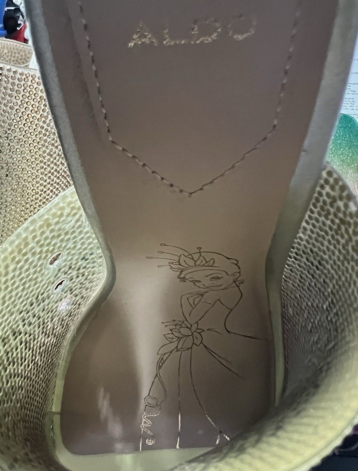 Disney x ALDO “Wishstep” Rhinestone Silver Mule-Princess Tiana-Slip On US 8