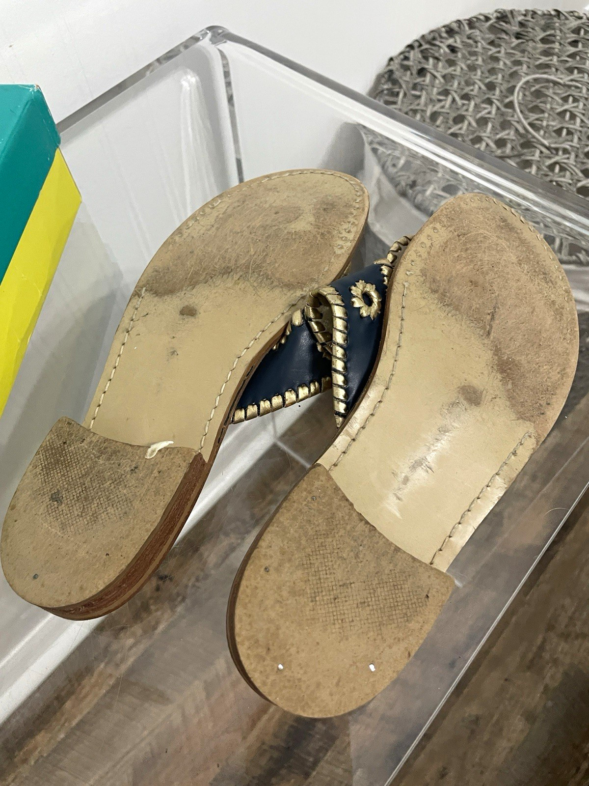 Jack Rogers Navy/Gold Leather Slide Sandals Whipstitch Cut-Out Slip-On 9.5M