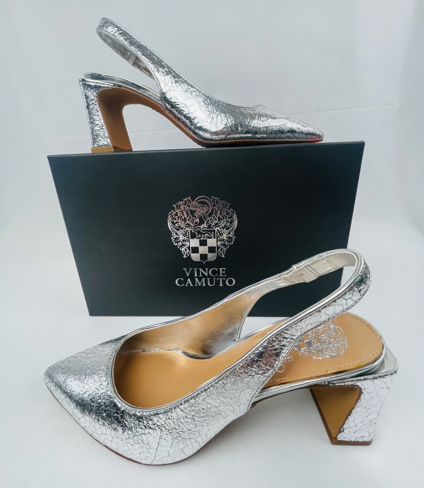 Vince Camuto Hamden Silver Block Heel 6 7 7.5 8.5 9 9.5 10 Dress Pump Slingback