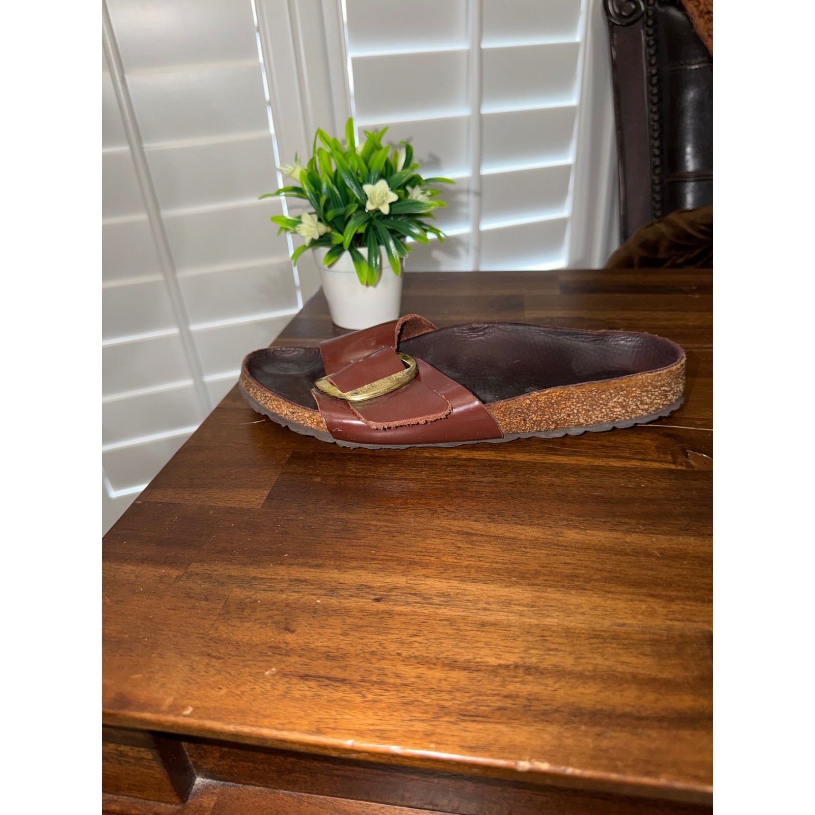 Birkenstock Madrid Big Buckle Cognac Leather Slides Gold Buckle Sandals 39