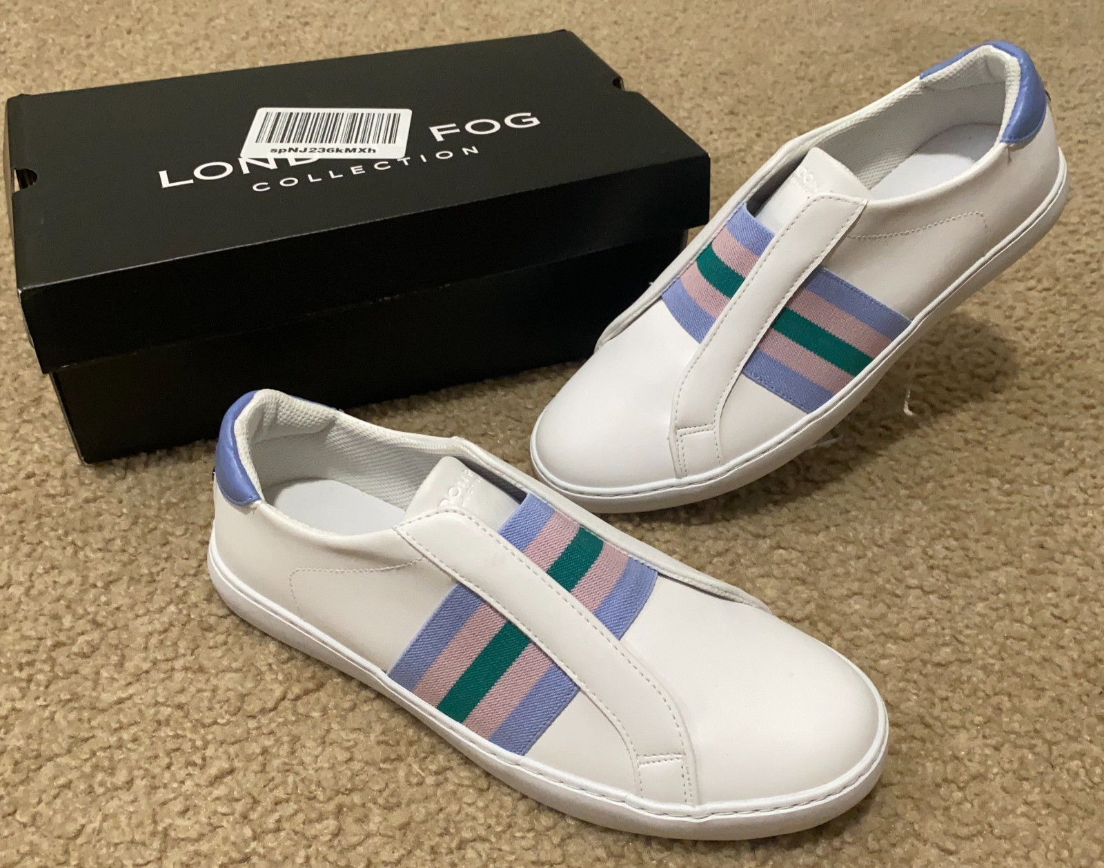 London Fog Briton Womens Leather Sneakers White w/ Stripes Size 9.5 Slip On NIB