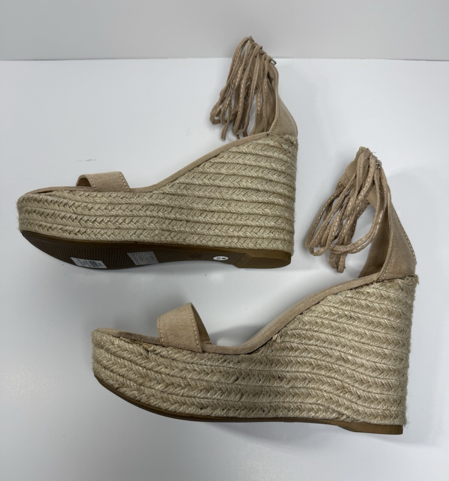 Beige Fringe Espadrille Wedge Sandals Zipper Ankle Strap Fabric Women Size 8