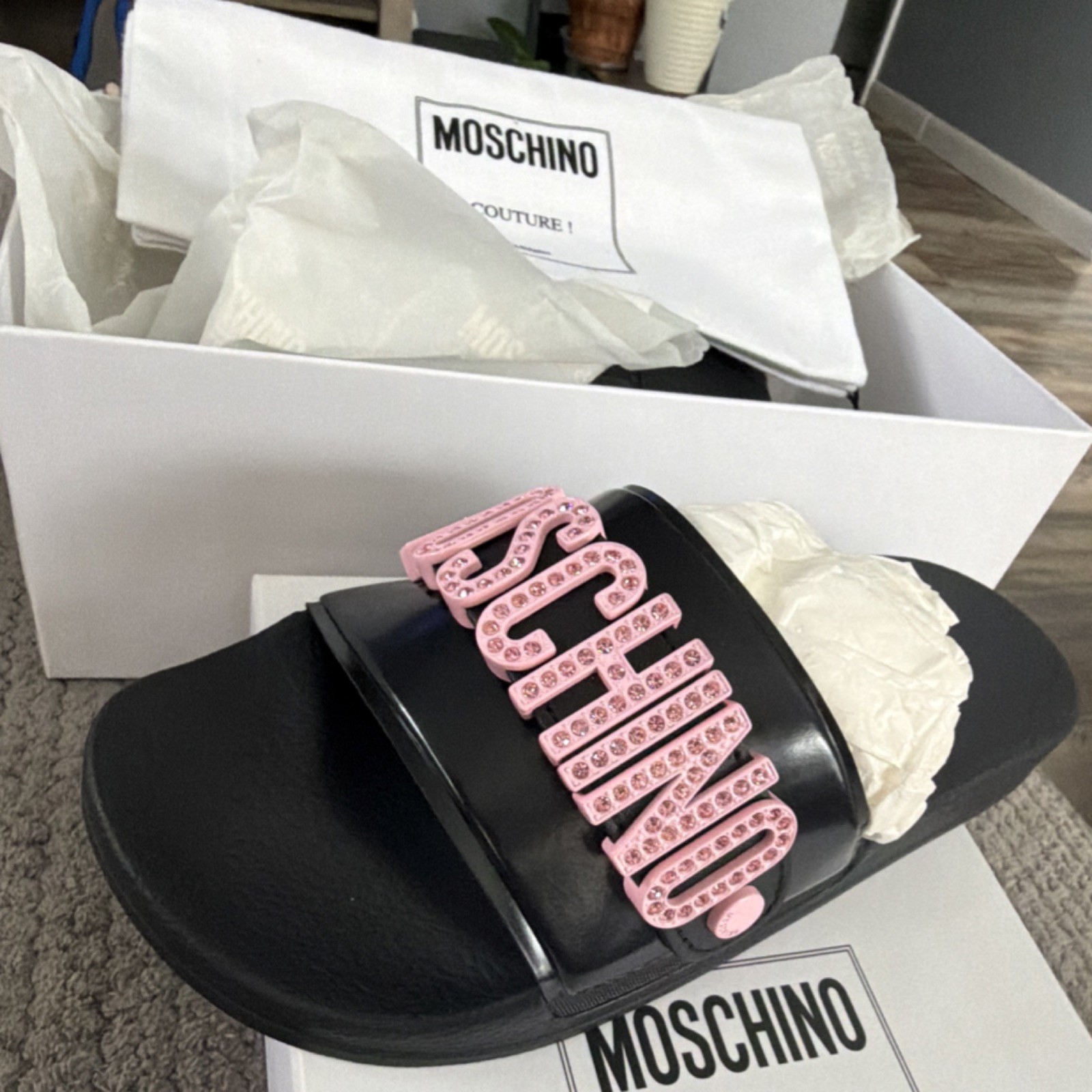 Moschino Beaded Logo Black Pink Slide Sandals PVC Women’s Size 37/6