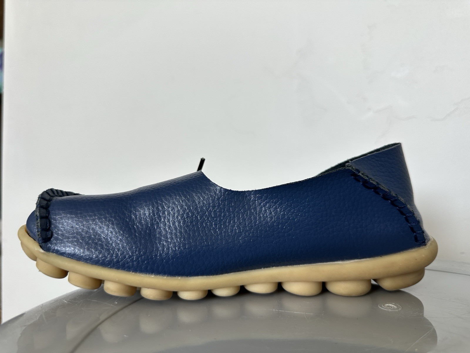 WOMENS SOFT LEATHER LOAFERS BLUE STICHED FLAT SLIP ON MOCCASIN CASUAL SHOES SZ 6