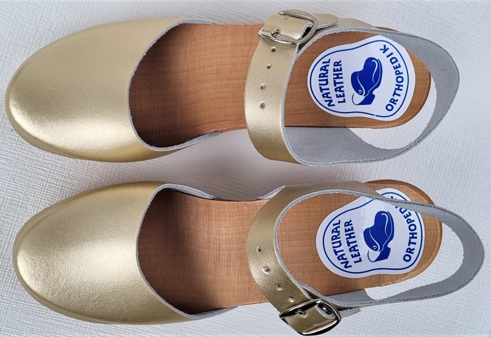 WOOD CLOGS wooden mules sandals size 38 *gold* real beef leather handmade