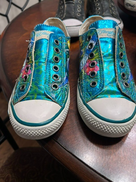 Ed Hardy Green Metallic Glitter True To My Love Tattoo Shoes Low Rise Slip On 5