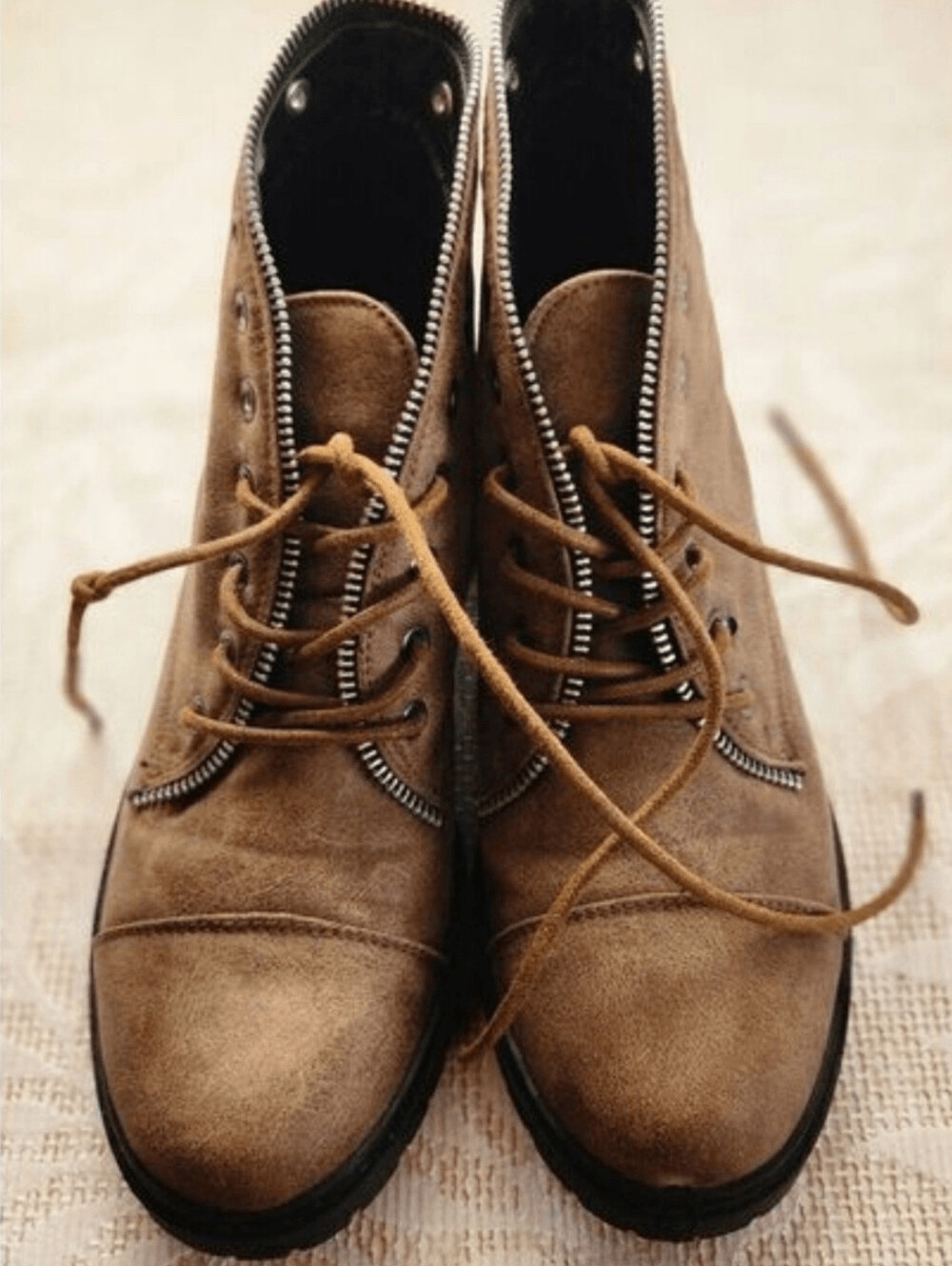 Cupid faux Leather Lace-Up Ankle Boots in Taupe w metal eyelets and zipper trim