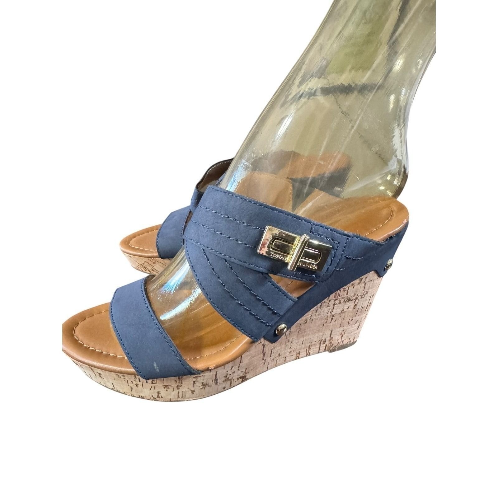 Tommy Hilfiger Womens Navy Blue Cork Wedge Sandals Gold Turn Lock Hardware 8M