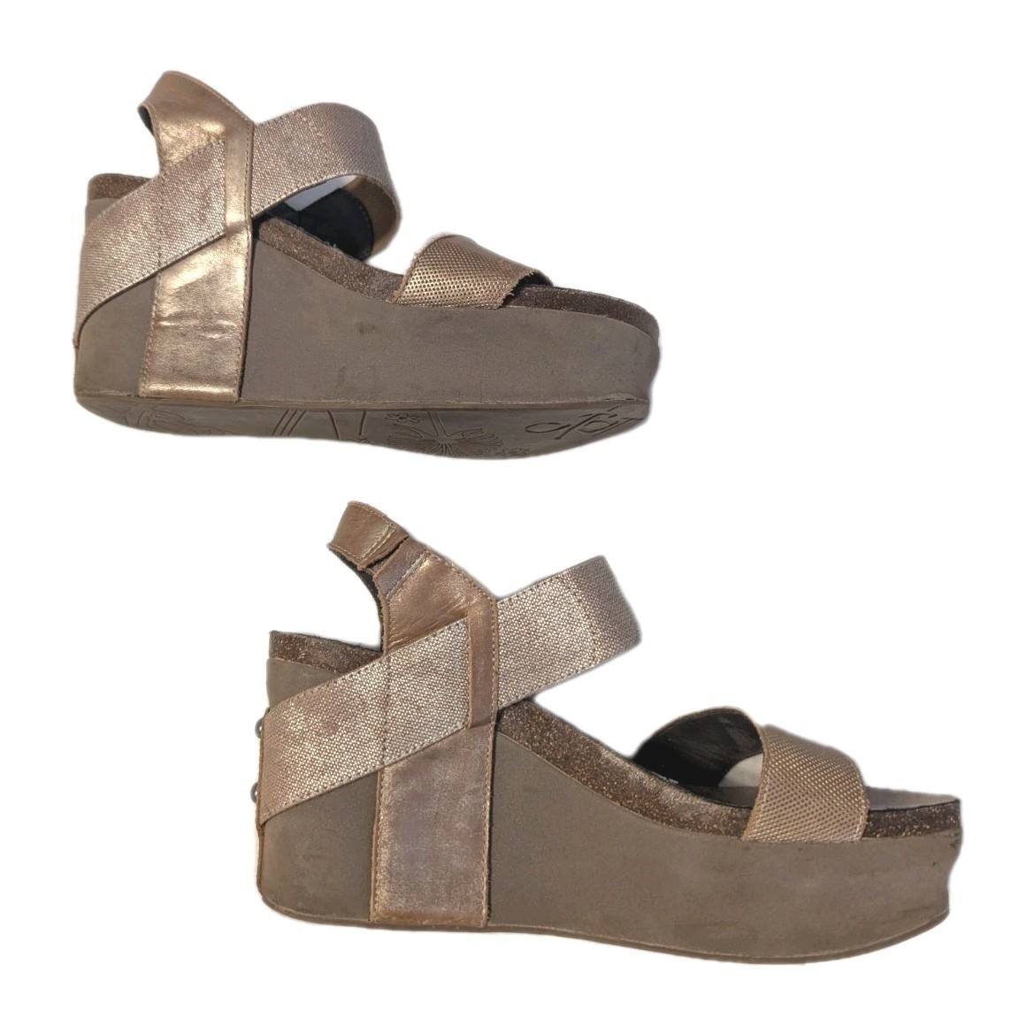 OTBT Women’s Bushnell Wedge Sandals Leather Platform Metallic Gold Beige Size 9M
