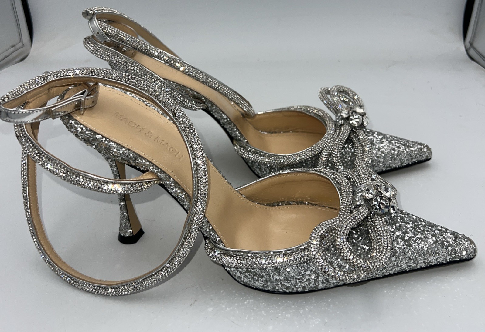 Mach & Mach Double Bow Glitter Crystal Embellished Heels Leather Women’s EU 39.5