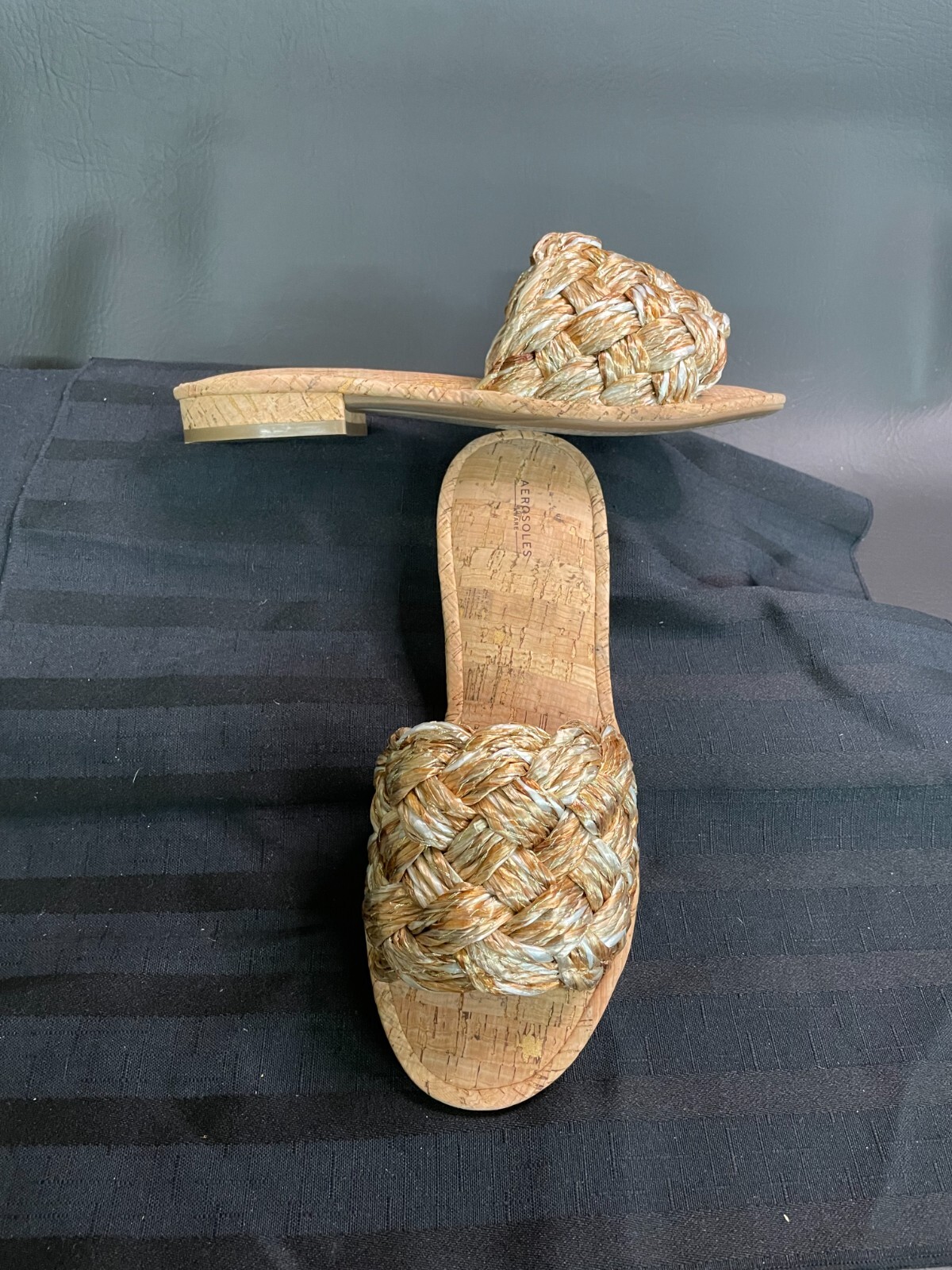 Aerosoles Womens Raffia Sandals- Jolie Metallic Silver & Gold Woven sz 8 N w/o B