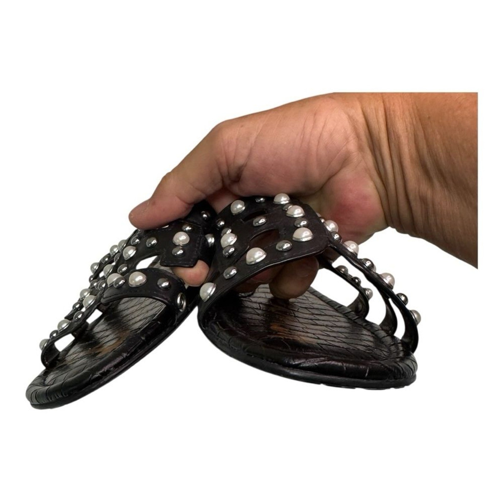 Sam Edelman Women Black Leather Studded Pearl Embellished Slide Sandals SZ 6.5