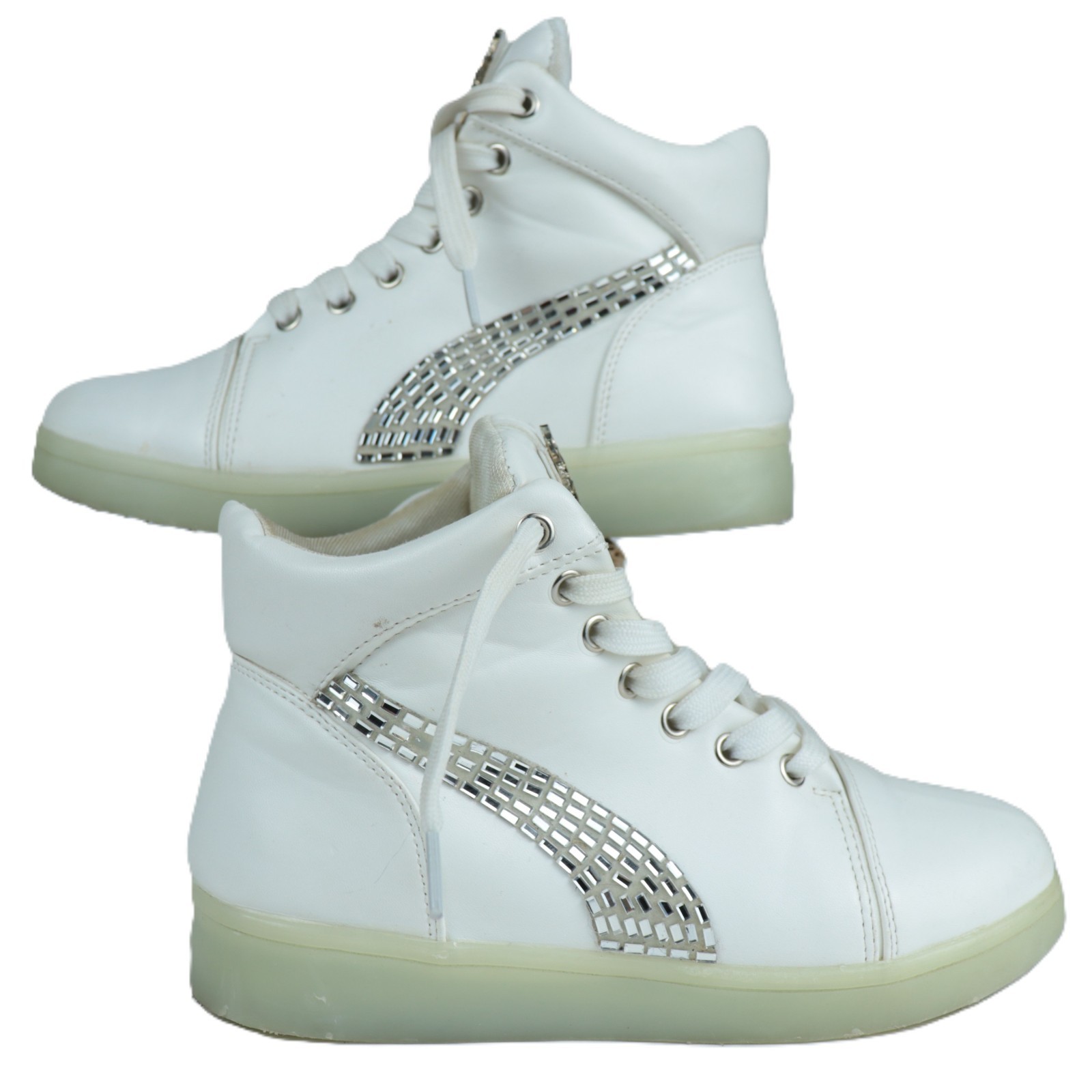 Women’s USB LED High Top Simulation Sneakers Size 7 Dance – White, Rhinestone