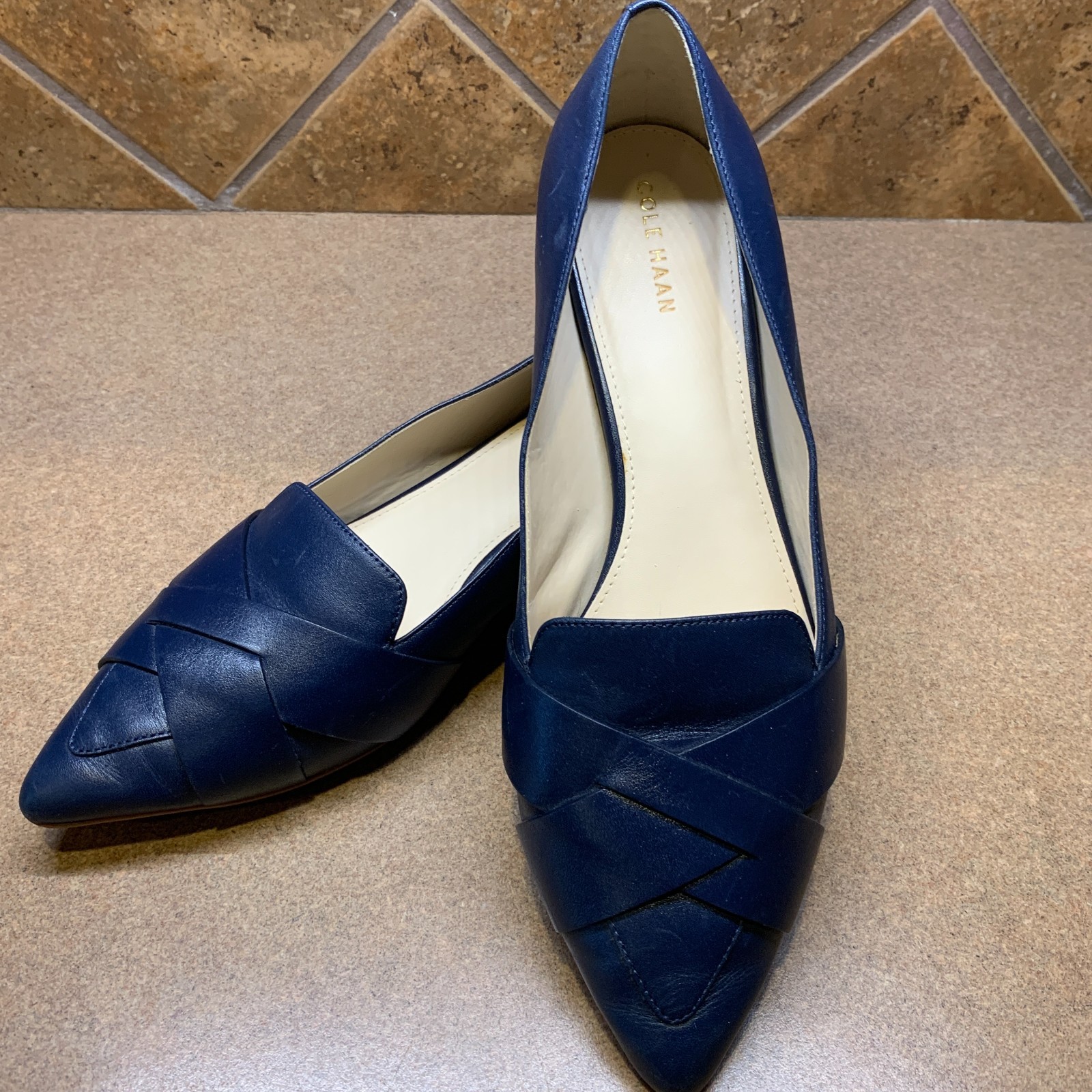 Cole Haan Camila Navy Blue Shoes SZ 8 B Woven Pointy Toe Leather Flat Loafers
