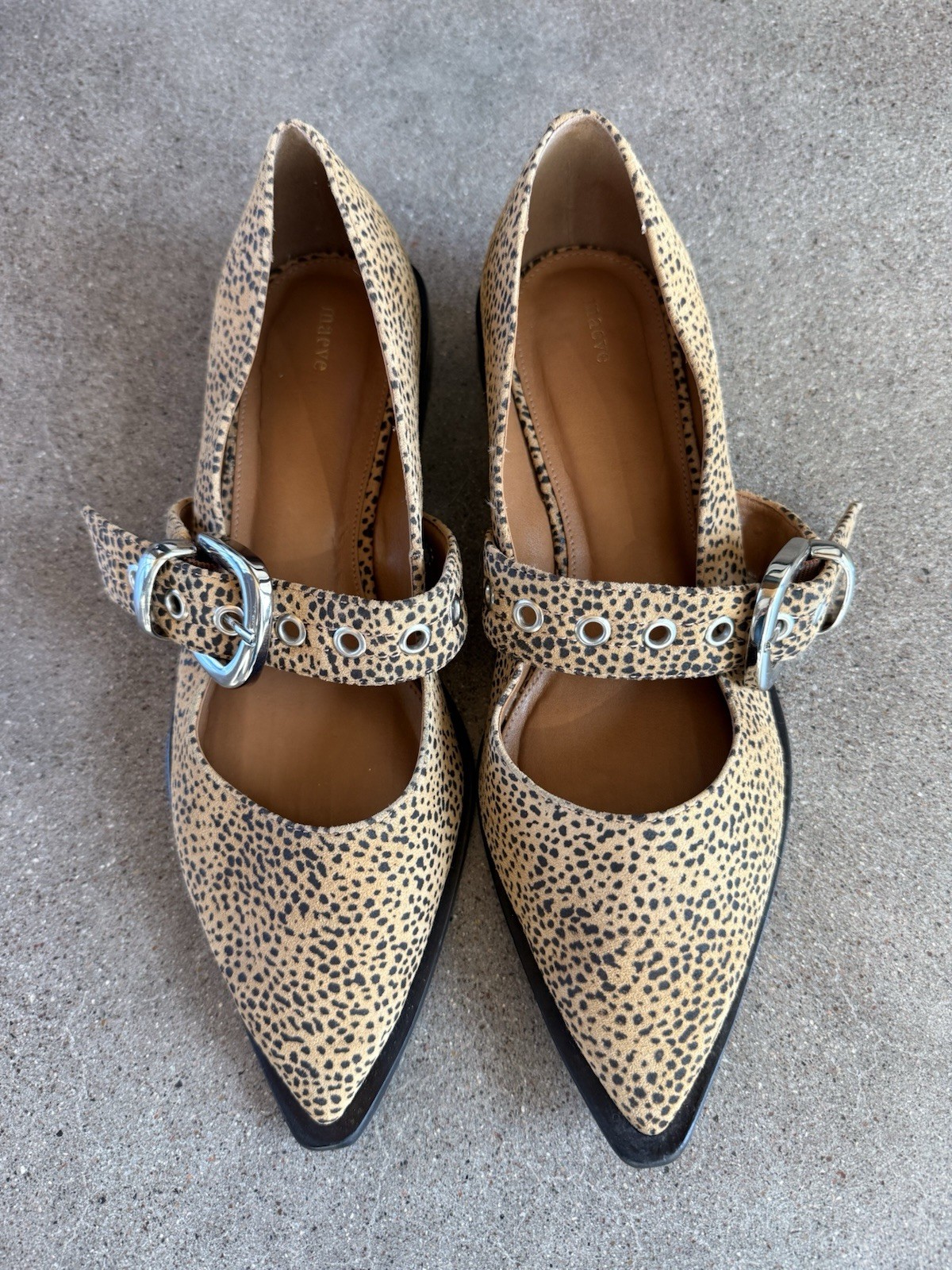 Anthropologie Maeve Leopard Print Pointed-Toe Moto Mary Jane Flats Size 39 8-8.5