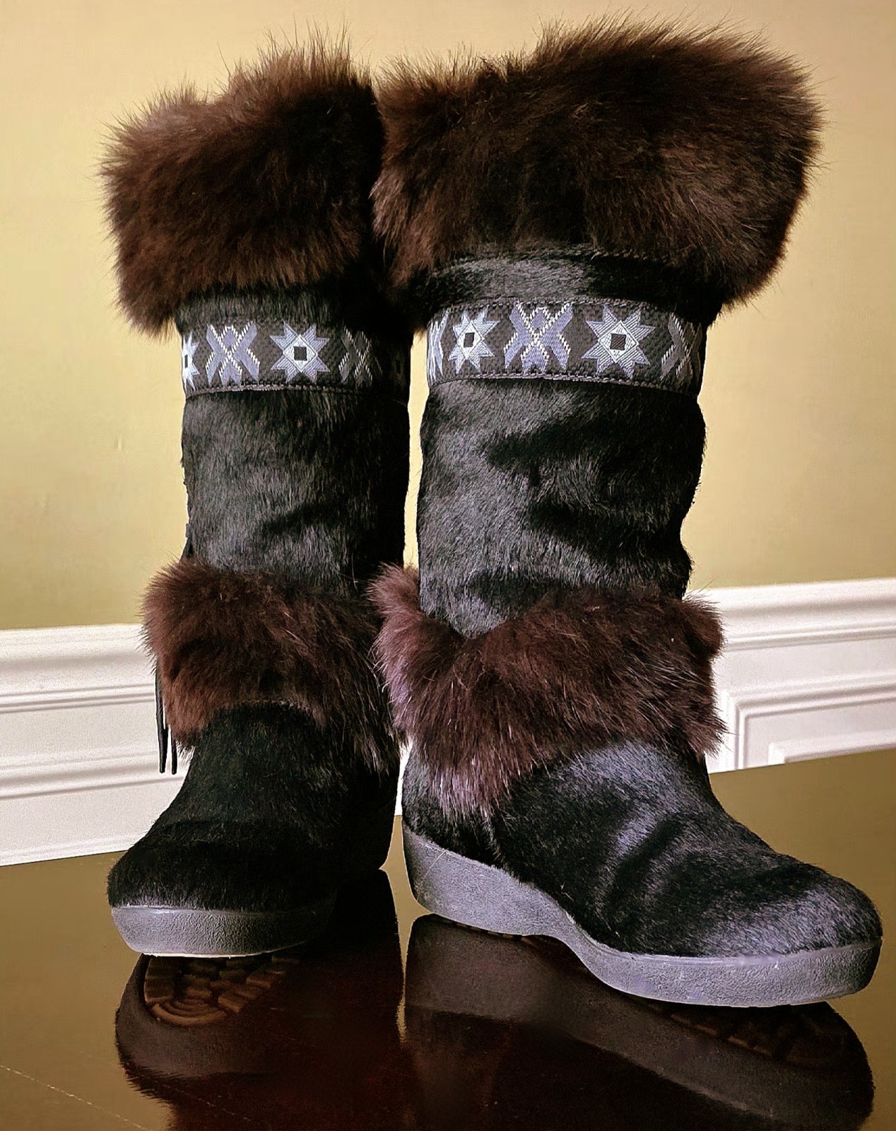 Vintage Tecnica Skandia Black Cowhide Fur Boots Italy EU 36 / US 5-5.5