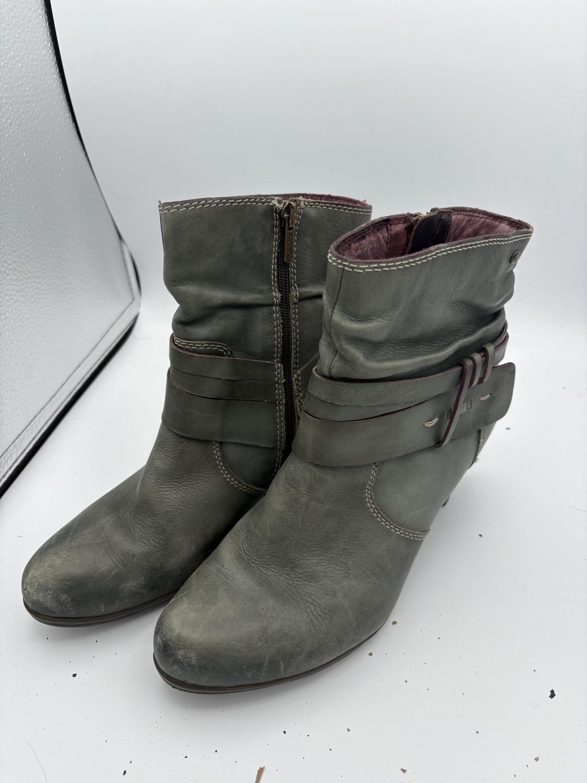 Pikolinos Boots Womens Size 8.5 39 Green Leather Ankle Strap Cone Heel Booties