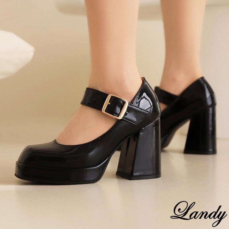 Womens Square Toe Dress Block High Heel Platform Clubwear Buckle Shoes Oversize