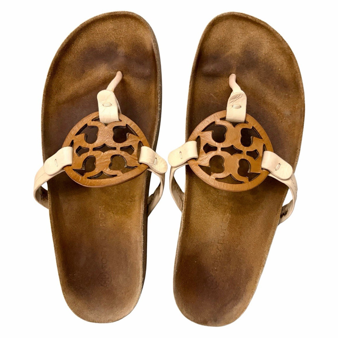 Tory Burch Women’s Brown/Beige Logo Thong Leather Wedge Sandals Slip On 10.5
