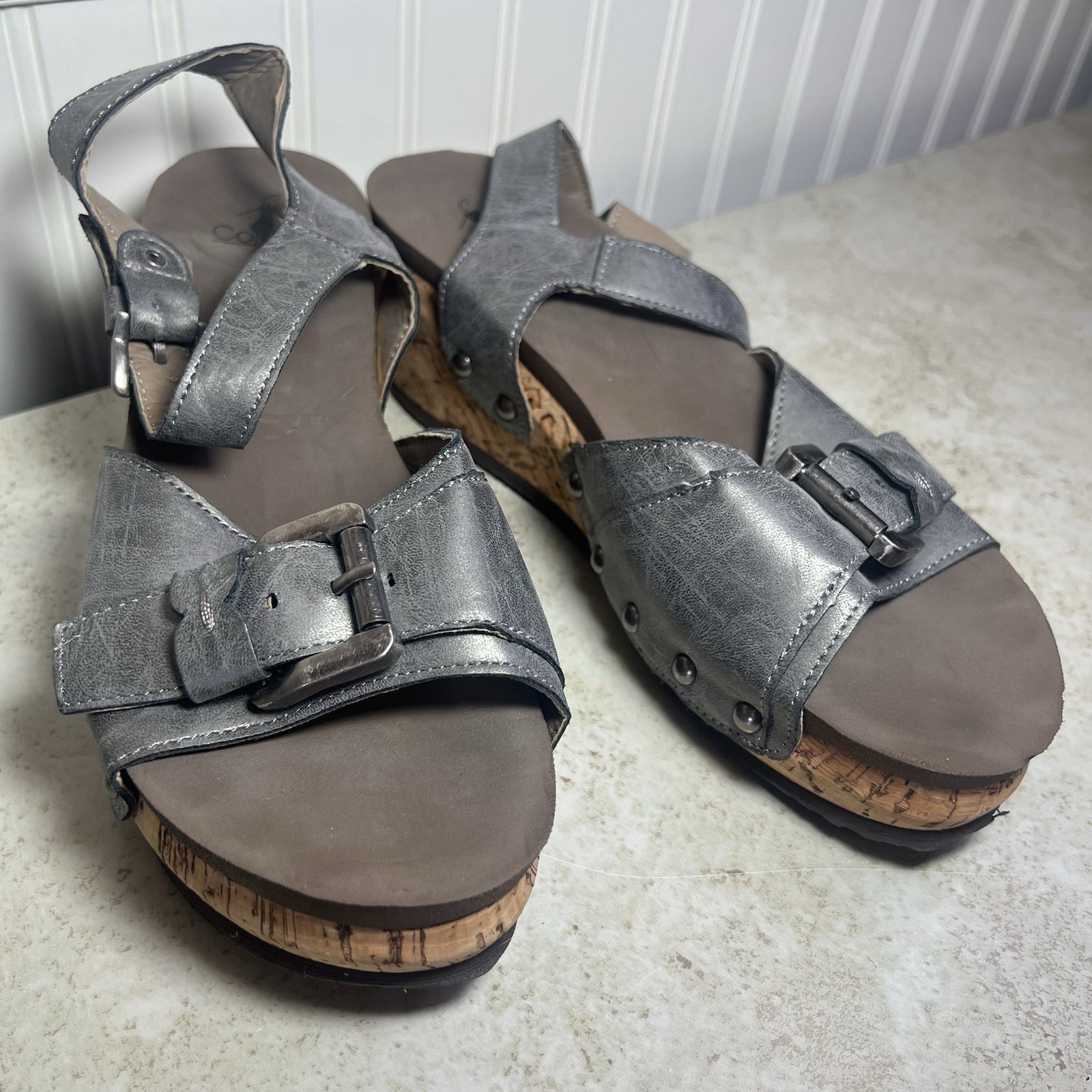 Corkys Metallic Silver Studded Platform Cork Wedge Sandal 9 Comfortable Edgy