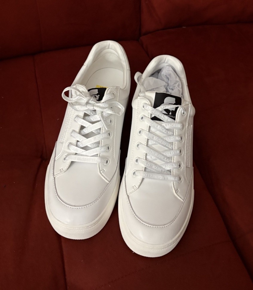 Karl Lagerfeld Paris Designer Calico Patch Embellished Heel Sneakers,White Sz 10