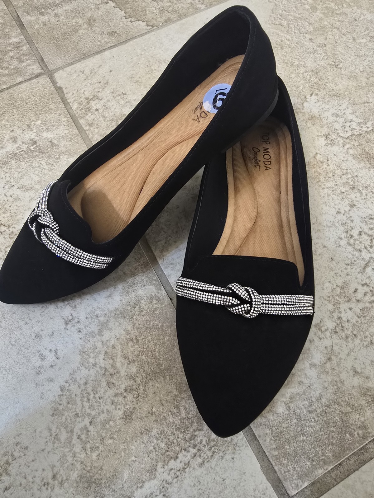 TOP MODA Women’s Black Rhinestone Knot Slip-On Pointed Toe Flats 9 Faux Suede