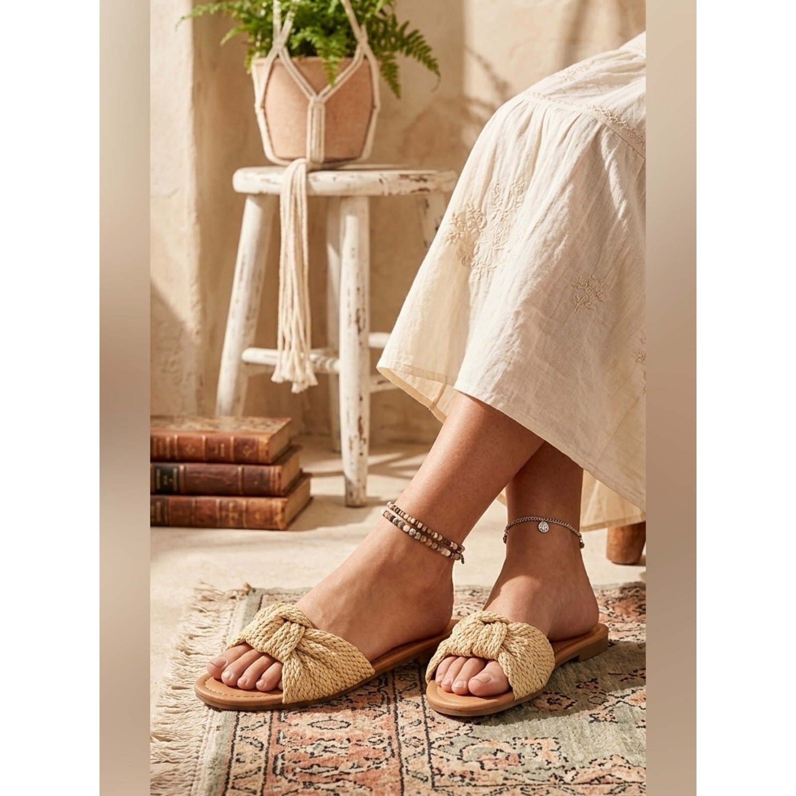 Time & Tru Raffia Knot Slide Sandals Boho Summer Women Rope Beige Sand NWT sz 9