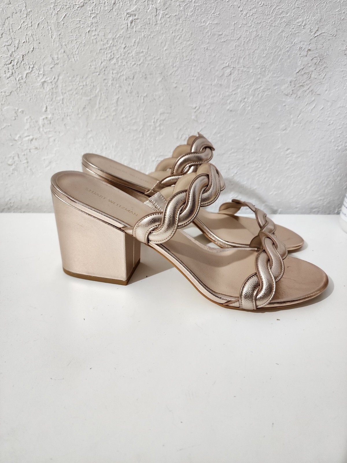 Stuart Weitzman Twistie Rose Gold Leather Slip On Block High Heel Sandals 10.5