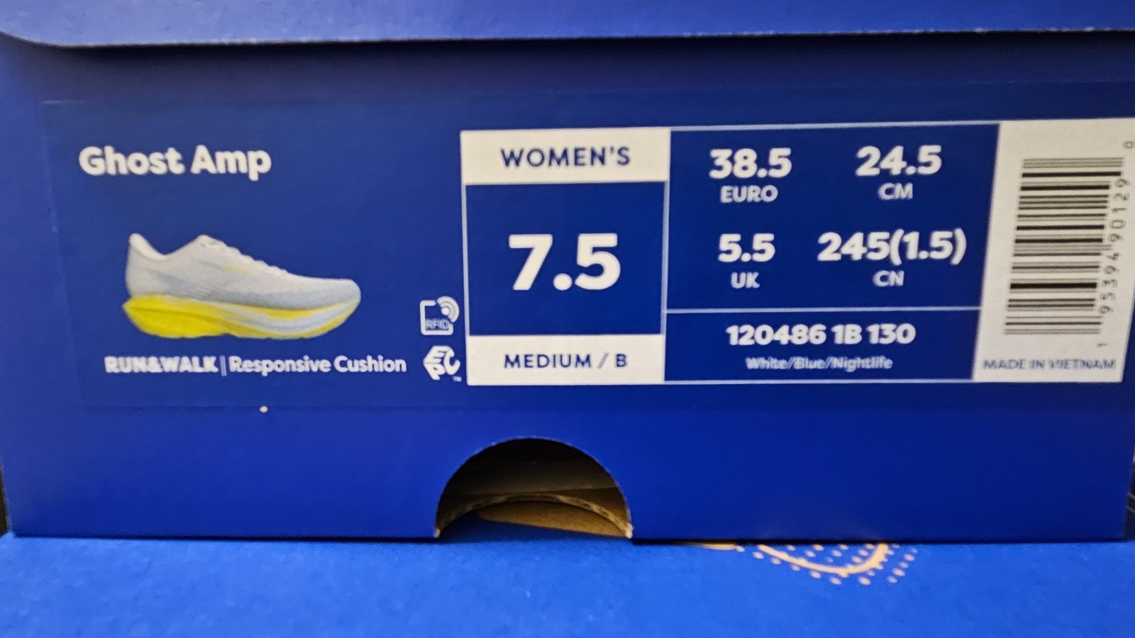 Brooks Ghost Amp Women’s Running Shoes White/Blue/Nightlife Size 7.5 New in box
