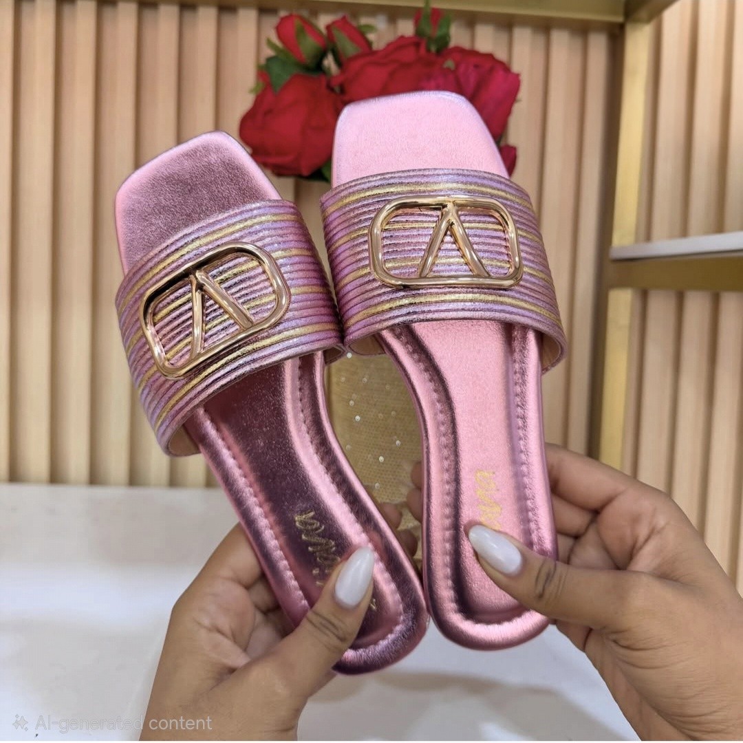 LILIANA Women’s Pink/Gold Logo Buckle Slide Slip-On Sandals Synthetic US 5.5