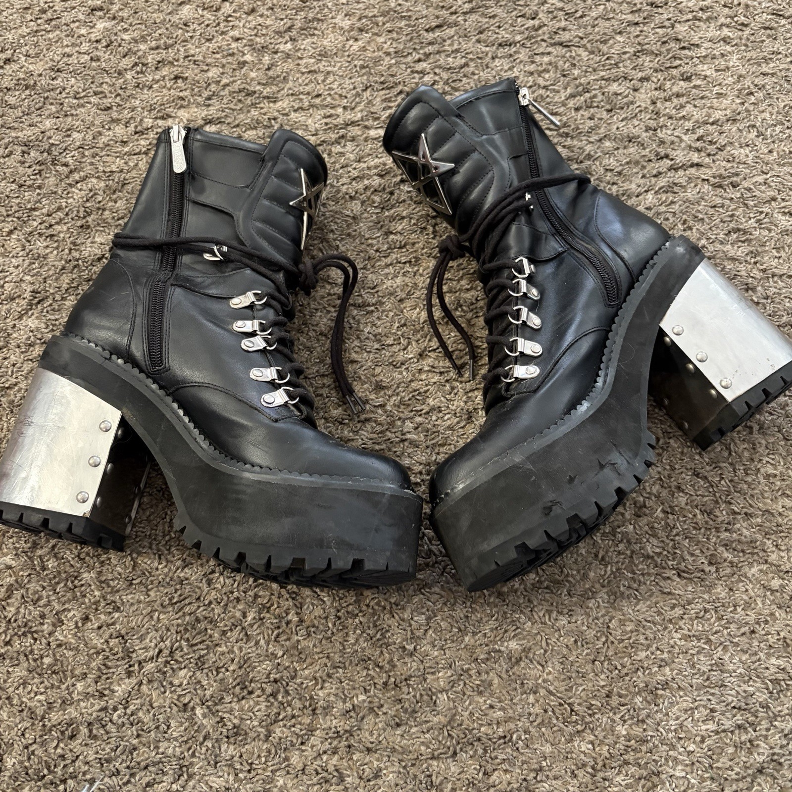 Killstar Goth Platform Combat Boots US 9 Black Pentagram Metal Heel