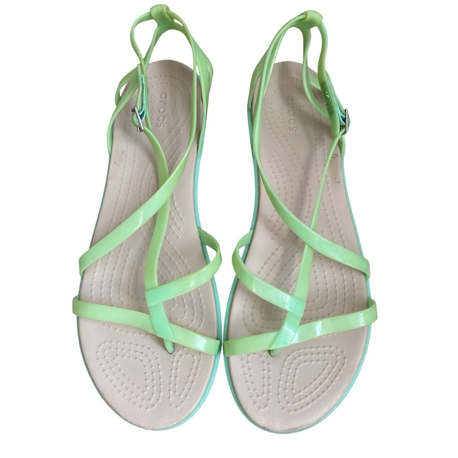CROCS Isabella Gladiator Sandals Size 11 Mint Green Jelly Flat Beach Pool Resort