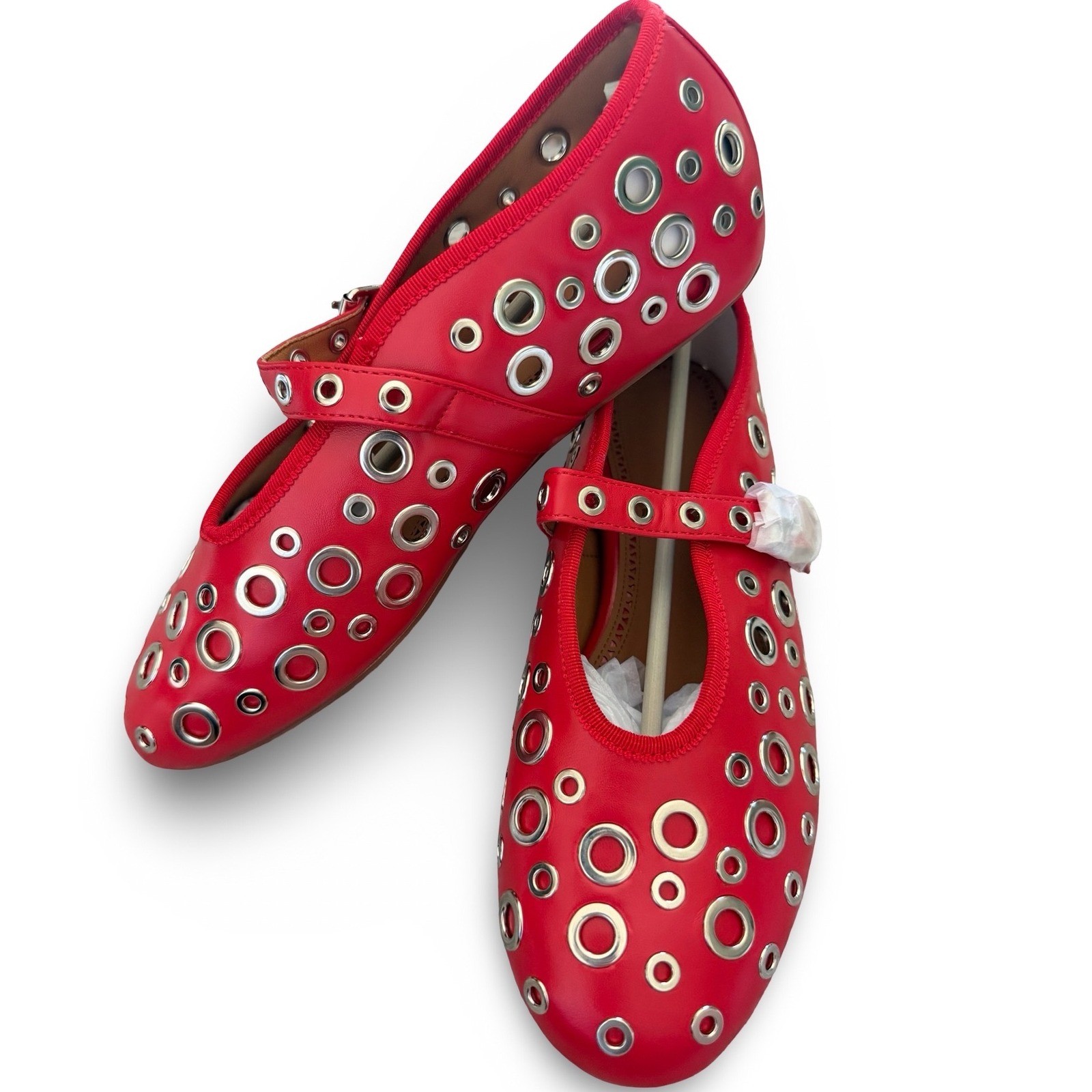 Red Grommet Mary Jane Flats Buckle Strap Eyelet Shoes Womens 8.5 NEW