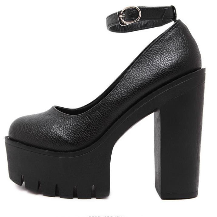 Womens Leather Summer Round Toe Buckle Straps Platform High Block Heels Sandals