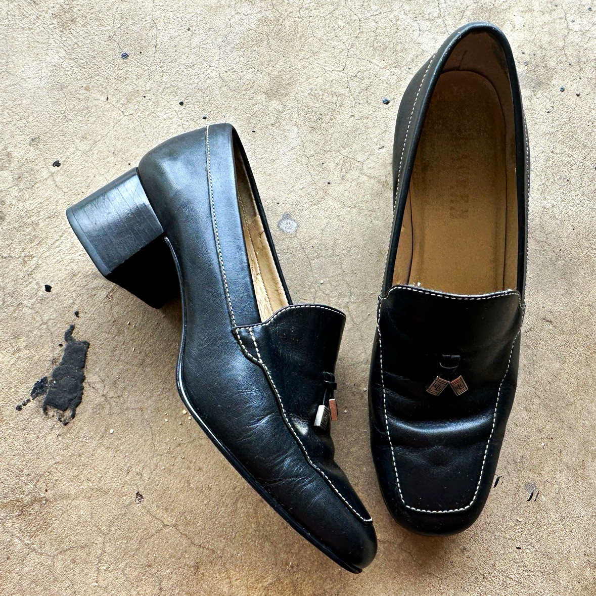Vintage Lauren Ralph Lauren Black Leather Loafer Block Heel Square Toe