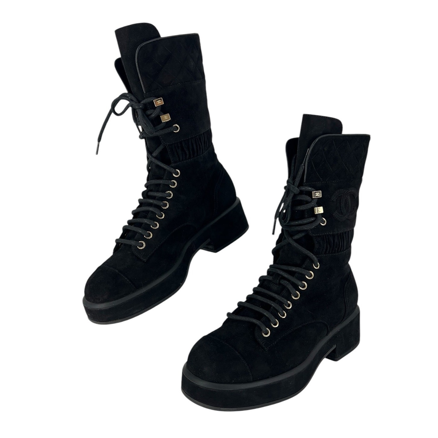Chanel CC Suede Quilted Lace Up Combat Cap Toe Boots in Black Size 37.5
